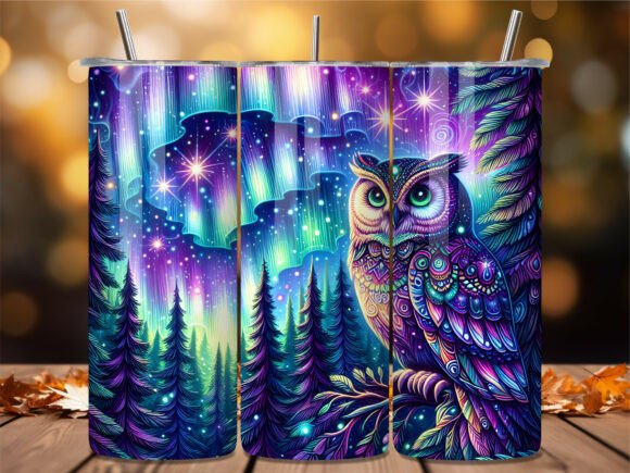 Enchanting Northern Lights Aurora Owl Tumbler Wrap Design